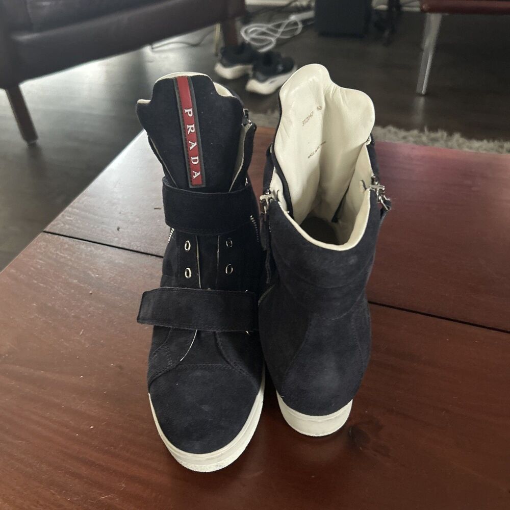 Prada Womens Black Suede 1” Heel Zip Up Wedge High Top Sneaker Boots 40 EU 10 US - Picture 10 of 14